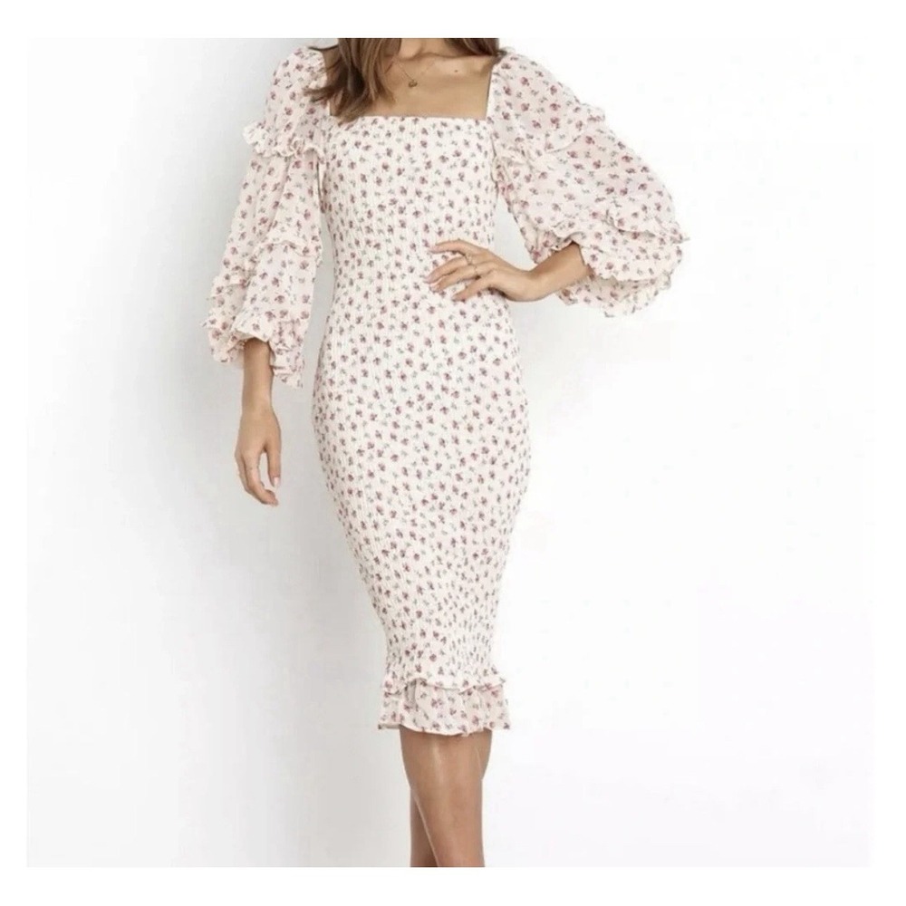 Petal And Pup Midi Dress Women's Size 12 Floral Lo G Sleeve Smocked Stretch